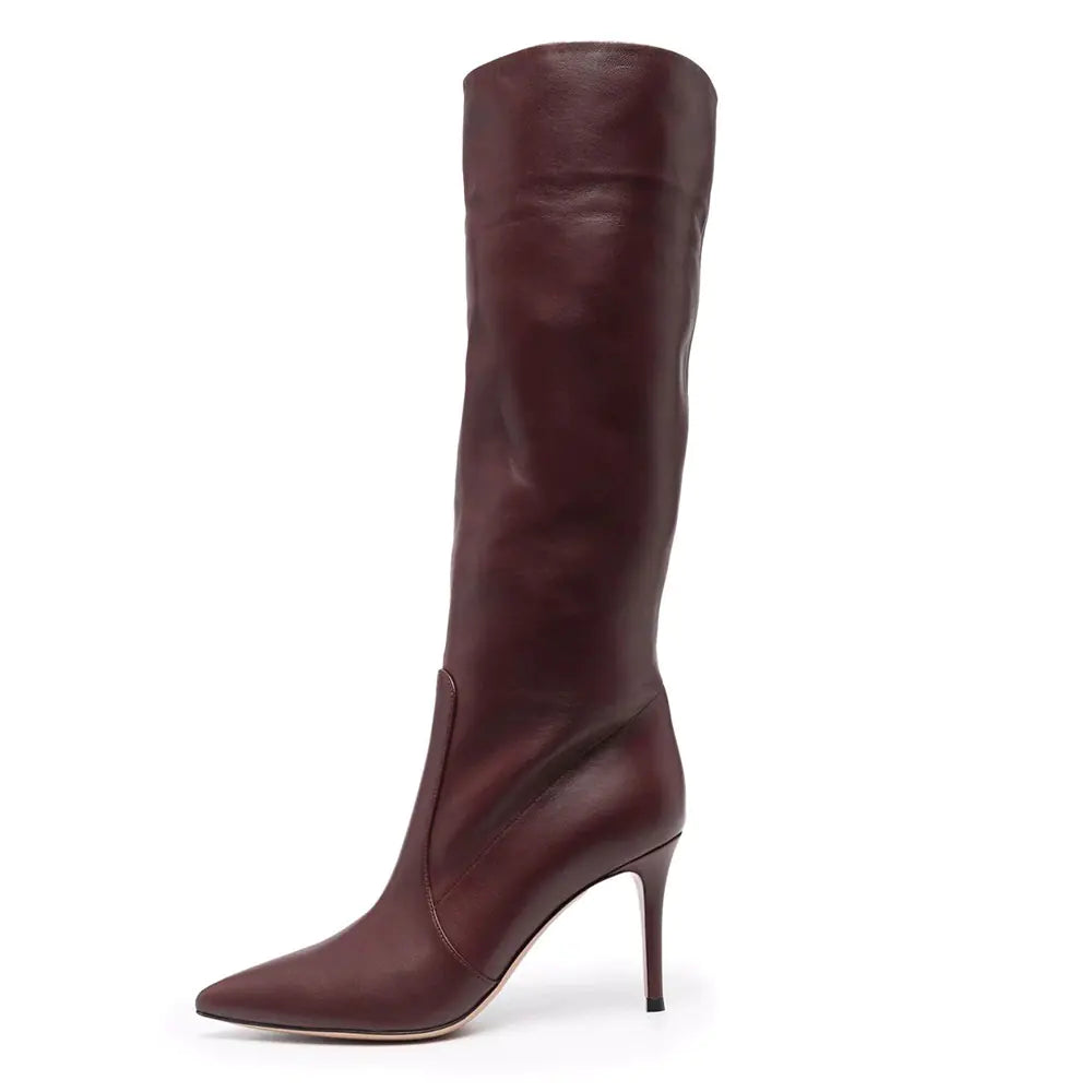 Burgundy PU Plus Size Knee-Length Pointed Toe Boots