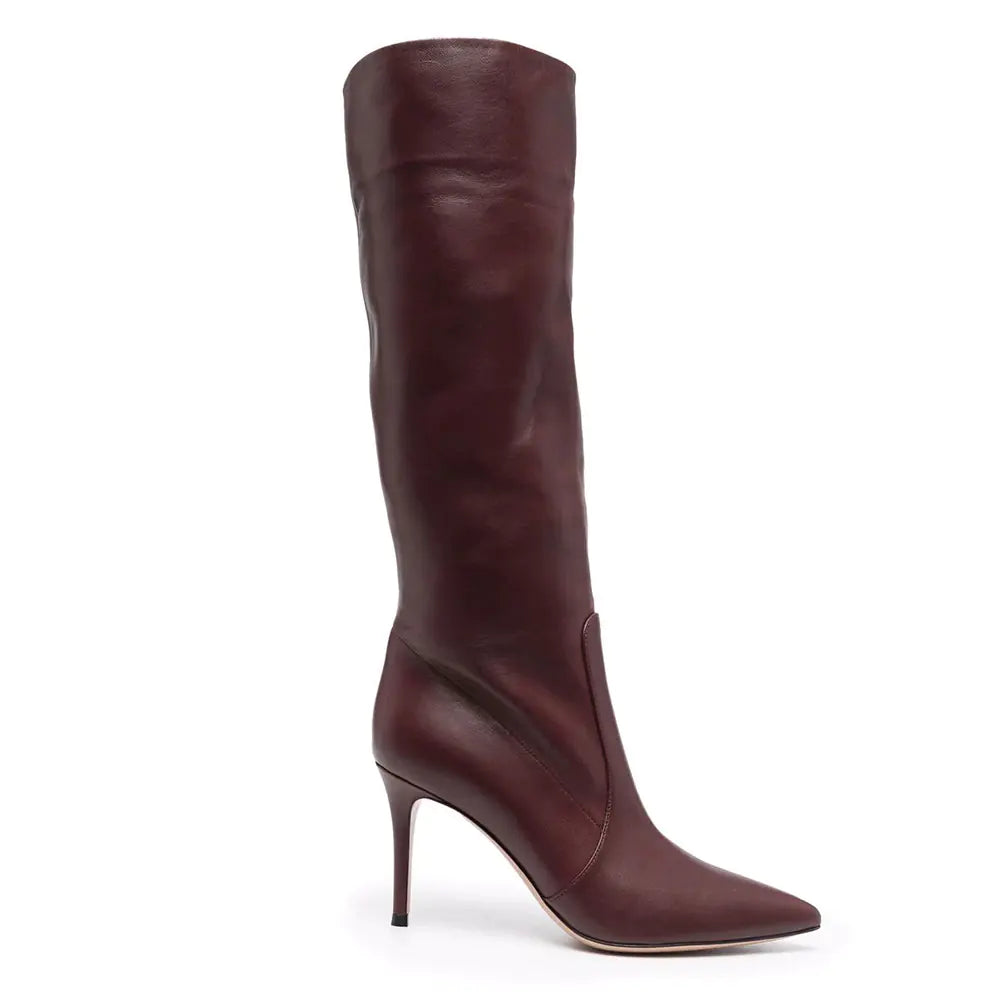 Burgundy PU Plus Size Knee-Length Pointed Toe Boots
