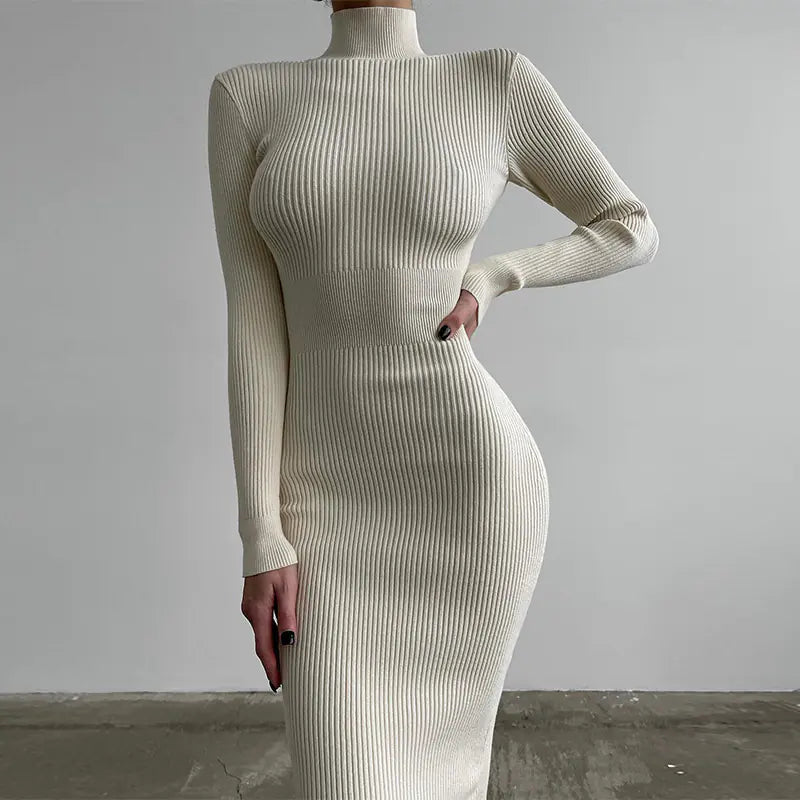 High Neck Ribbed Knit Dress for Women - Autumn/Winter 2026