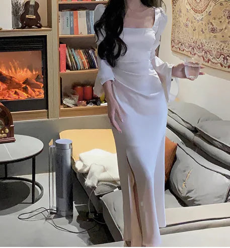 Off-Shoulder Satin Dress with Square Collar for Women