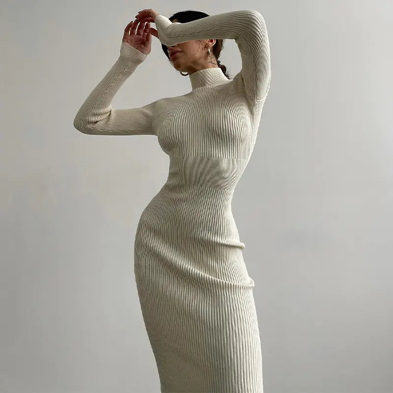 High Neck Ribbed Knit Dress for Women - Autumn/Winter 2026