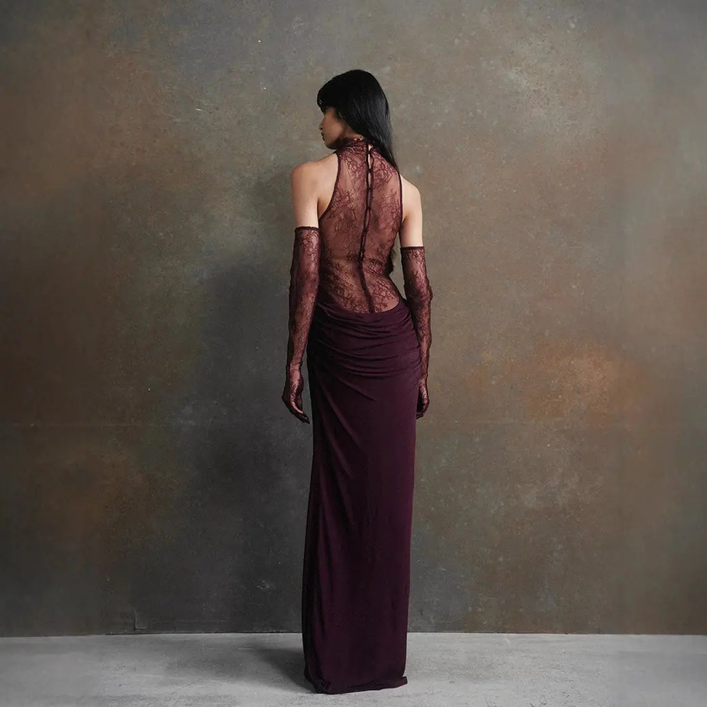 Halter Lace Pleated Evening Dress