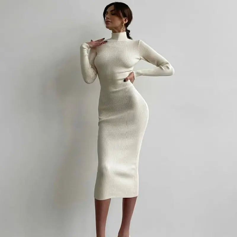 High Neck Ribbed Knit Dress for Women - Autumn/Winter 2026
