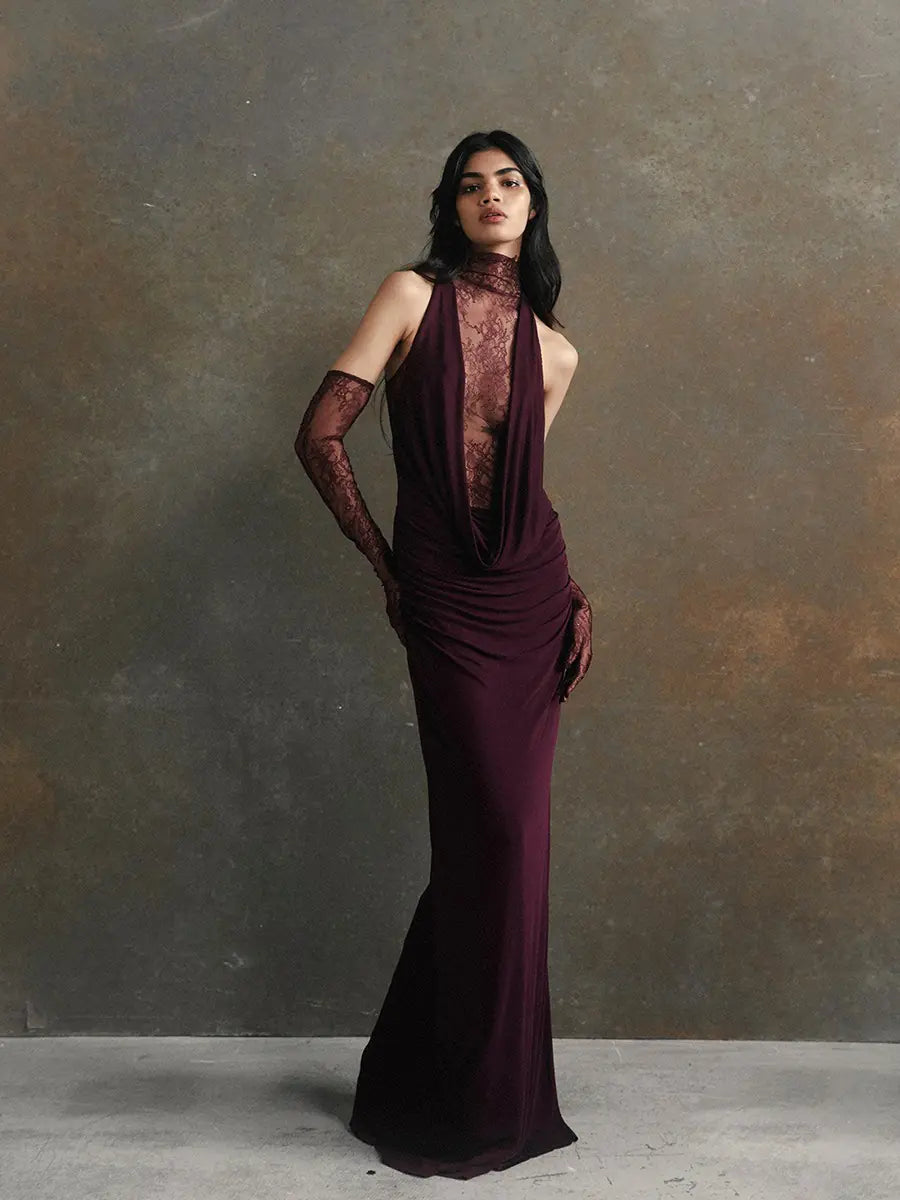 Halter Lace Pleated Evening Dress