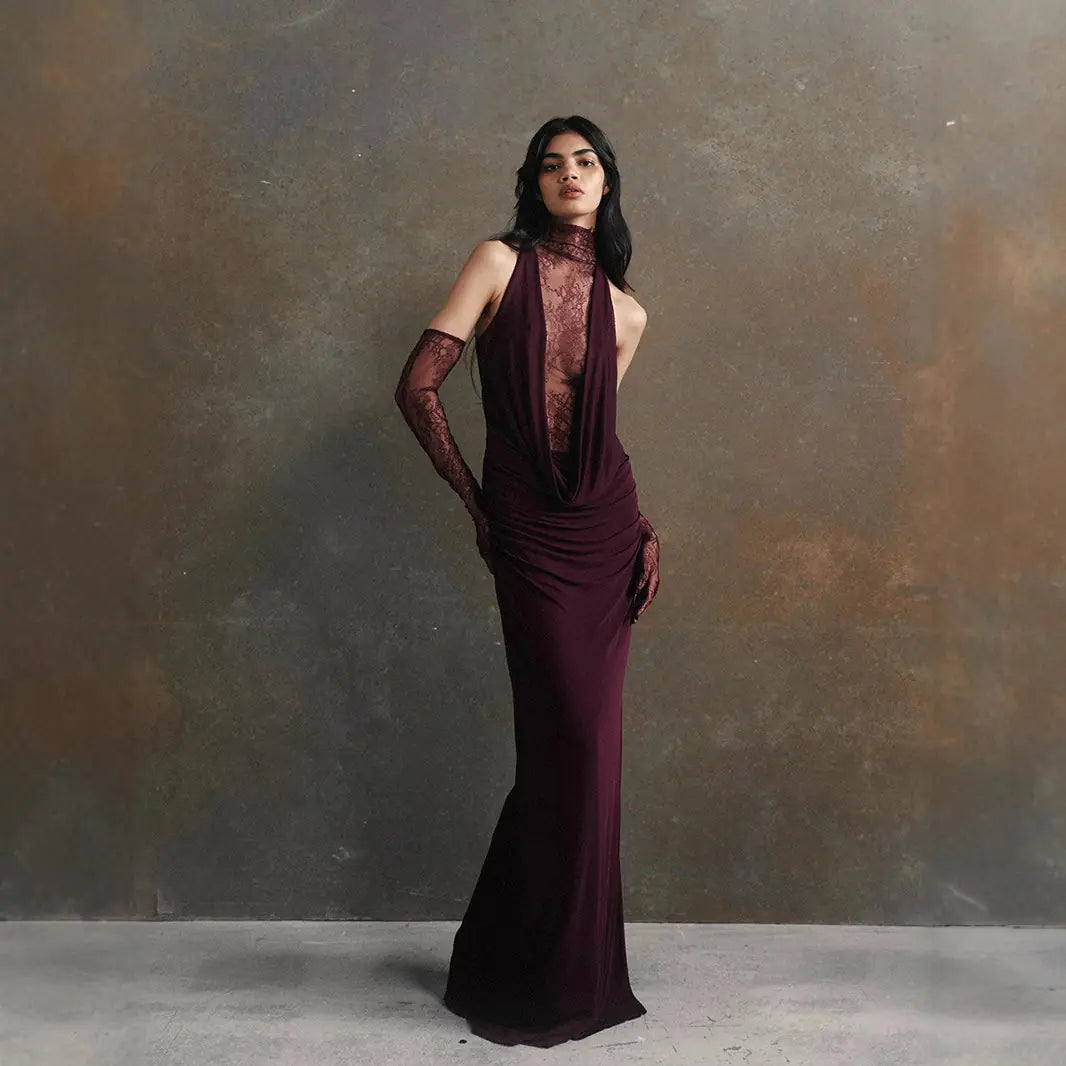 Halter Lace Pleated Evening Dress