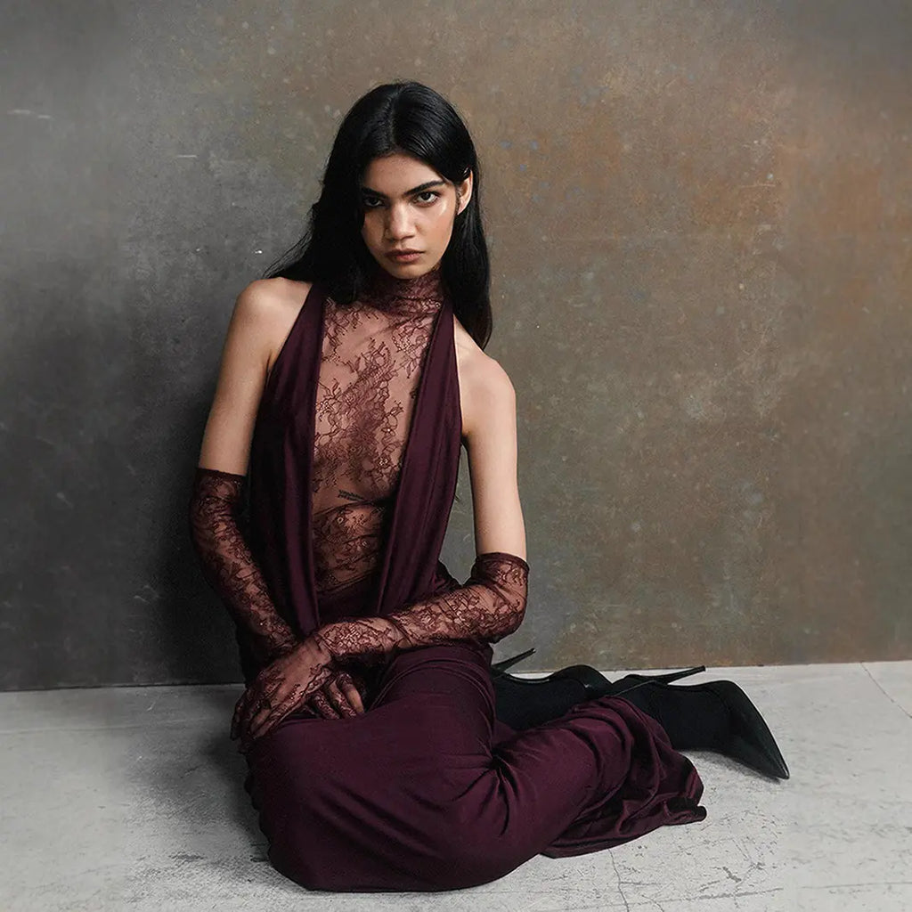 Halter Lace Pleated Evening Dress